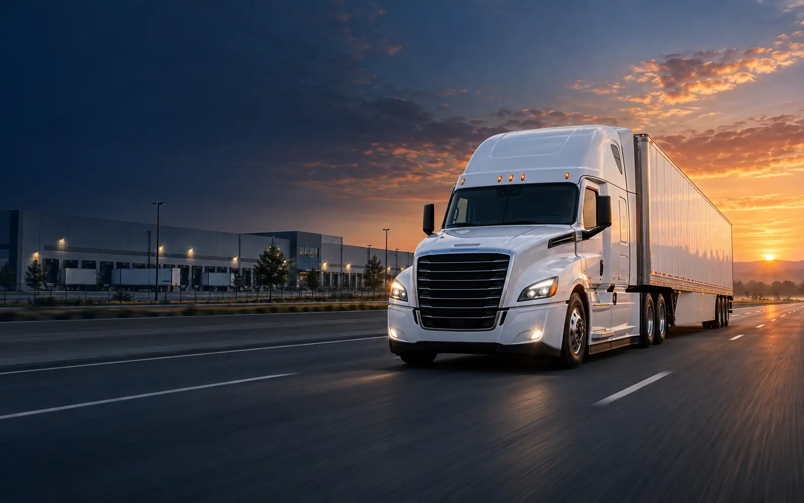 Modern dry-van semi-truck traveling on a highway