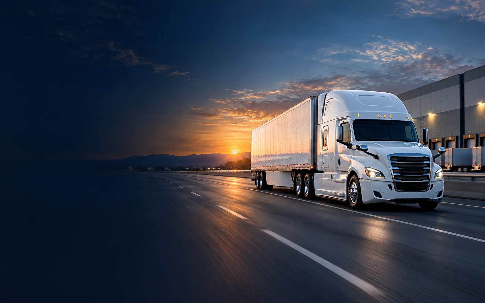 White semi-truck hauling freight on a highway at sunset