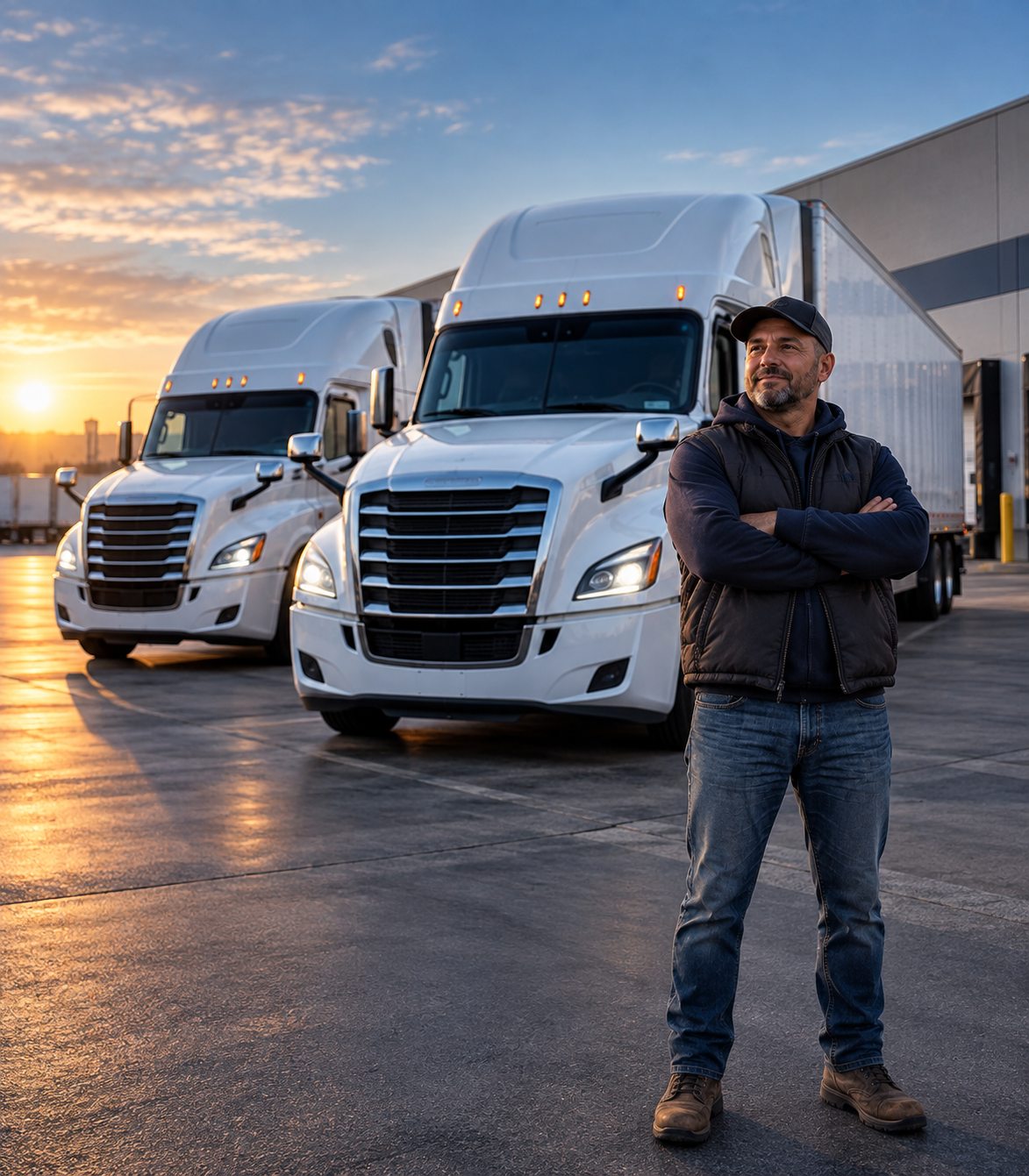 Confident owner-operator standing in front of two semi-trucks